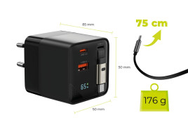 65W GaN LED Display Charger PW2 - USB-C Self-Retracting Cable + USB-C + USB-A