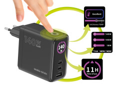 GaN síťová nabíječka s displejem 140W PW21 – 2x USB-C + USB-A