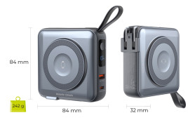 Powerbank 10000mAh / Travel Charger, Lightning/USB-C Cable, Šedá - kompatibilní s MagSafe AW / iPhone