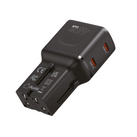 Cestovní Adaptér GaN 45W, EU/US/UK/AU PW26, Černá