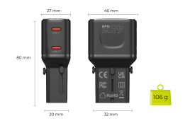 Cestovní Adaptér GaN 45W, EU/US/UK/AU PW26, Černá