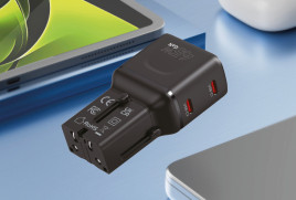 Cestovní Adaptér GaN 45W, EU/US/UK/AU PW26, Černá