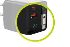 65W GaN LED Display Charger PW2 - USB-C Self-Retracting Cable + USB-C + USB-A