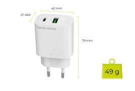 Síťová nabíječka MO12, PD20W – USB‑A + USB‑C, Bílá