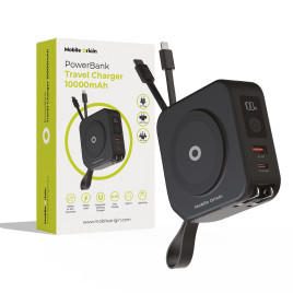 Travel charger with powerbank 10 000mAh, Lightning and USB-C cable, black