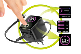 GaN síťová nabíječka s displejem 65W PW3 s USB-C Samonavíjecím Kabelem + USB-C + USB-A