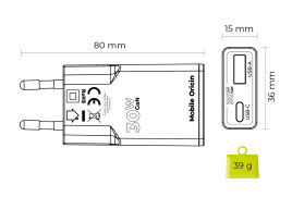 GaN nabíječka tenká 30W TÜV MO16 – USB‑A + USB‑C