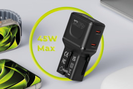 Cestovní Adaptér GaN 45W, EU/US/UK/AU PW26, Černá