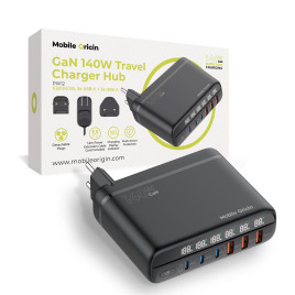GaN 140W Travel Charger Hub PW12 EU/UK/US, 3x USB-C + 3x USB-A