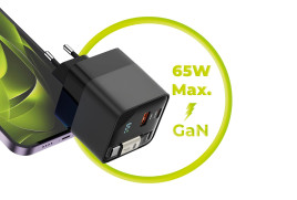 65W GaN LED Display Charger PW2 - USB-C Self-Retracting Cable + USB-C + USB-A