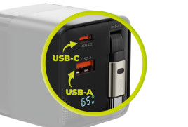 65W GaN LED Display Charger PW2 - USB-C Self-Retracting Cable + USB-C + USB-A