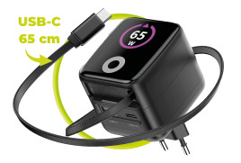 GaN síťová nabíječka s displejem 65W PW3 s USB-C Samonavíjecím Kabelem + USB-C + USB-A