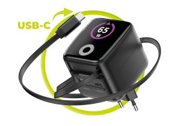 GaN síťová nabíječka s displejem 65W PW3 - USB-C Kabel + USB-C + USB-A