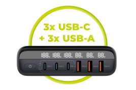 GaN 140W Travel Charger Hub PW12 EU/UK/US, 3x USB-C + 3x USB-A