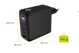 140W GaN TFT Display Charger PW21 - 2x USB-C + USB-A
