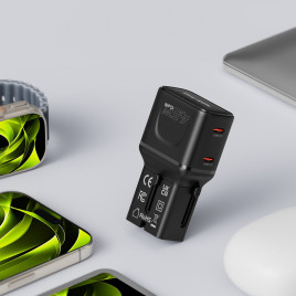 Cestovní Adaptér GaN 45W, EU/US/UK/AU PW26, Černá