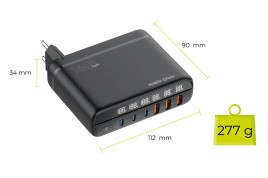 GaN 140W Travel Charger Hub PW12 EU/UK/US, 3x USB-C + 3x USB-A