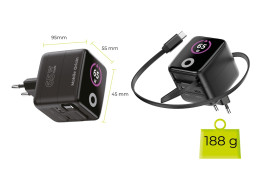 GaN síťová nabíječka s displejem 65W PW3 - USB-C Kabel + USB-C + USB-A