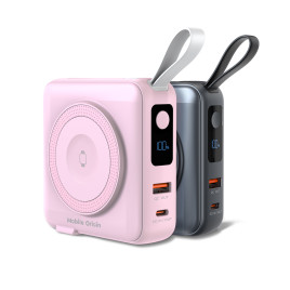 PowerBank 10000mAh/Travel Charger, Lightning/USB-C Cable, MagSafe/AW/iPhone Compatible, Grey + Pink