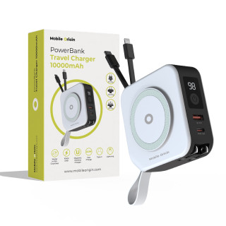 Travel charger with powerbank 10 000mAh, Lightning and USB-C cable, white