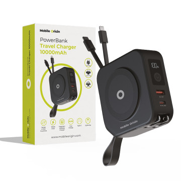 Travel charger with powerbank 10 000mAh, Lightning and USB-C cable, black