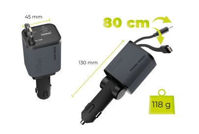 4in1 50W Car Charger CA28 - USB-C + USB-A, USB-C and Lightning Cable