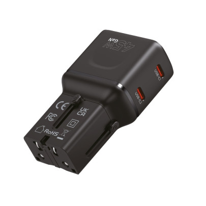 Cestovní Adaptér GaN 45W, EU/US/UK/AU PW26, Černá