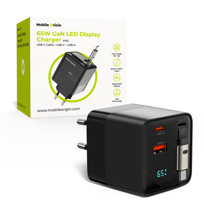 65W GaN LED Display Charger PW2 - USB-C Self-Retracting Cable + USB-C + USB-A