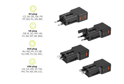 Cestovní adaptér 25W – EU / US / UK / AU, černý