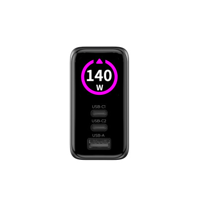 GaN síťová nabíječka s displejem 140W PW21 – 2x USB-C + USB-A