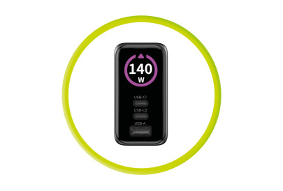 GaN síťová nabíječka s displejem 140W PW21 – 2x USB-C + USB-A