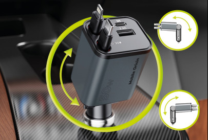 4in1 50W Car Charger CA28 - USB-C + USB-A, USB-C and Lightning Cable