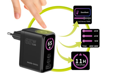 65W GaN TFT Display Charger PW20 - 2x USB-C + USB-A