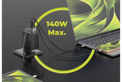 GaN síťová nabíječka s displejem 140W PW21 – 2x USB-C + USB-A
