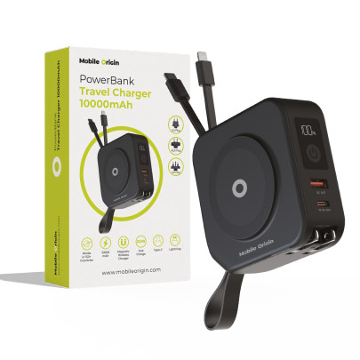 Cestovní nabíječka s powerbankou 10 000 mAh, Lightning a USB‑C kabelem – černá