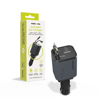 4in1 50W Car Charger CA28 - USB-C + USB-A, USB-C and Lightning Cable