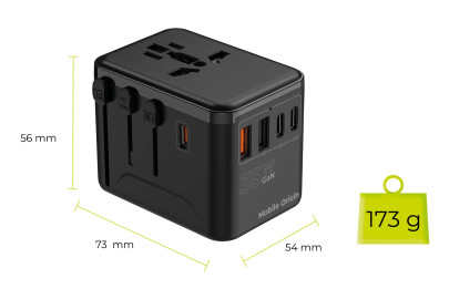 Cestovní Adaptér GaN 35W PW4 EU/UK/US/AUS, 3x USB-C + 2x USB-A