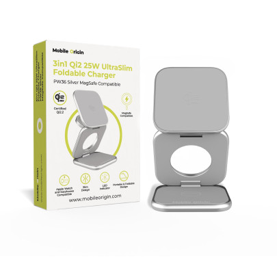 Ultratenká skládací nabíječka PW36, 3v1 Qi2 25W, Stříbrná