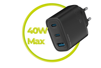GaN 40W Wall Charger MO13, 1x USB-A + 2x USB-C, Black
