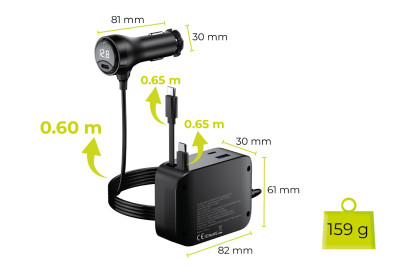 75W 5in1 Car Charger CA23 - 2x USB-C + USB-A Port, 2x USB-C Cable