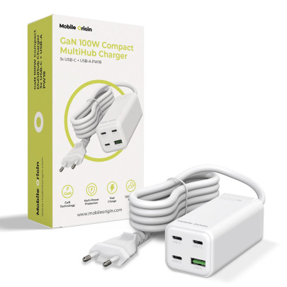 GaN 100W kompaktní MultiHub nabíječka PW18 3× USB-C + USB-A